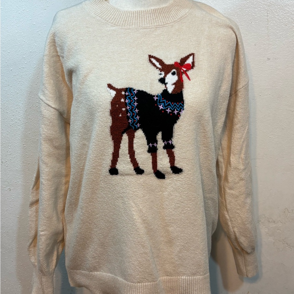 LOFT Cream Sweater with Festive Deer Design